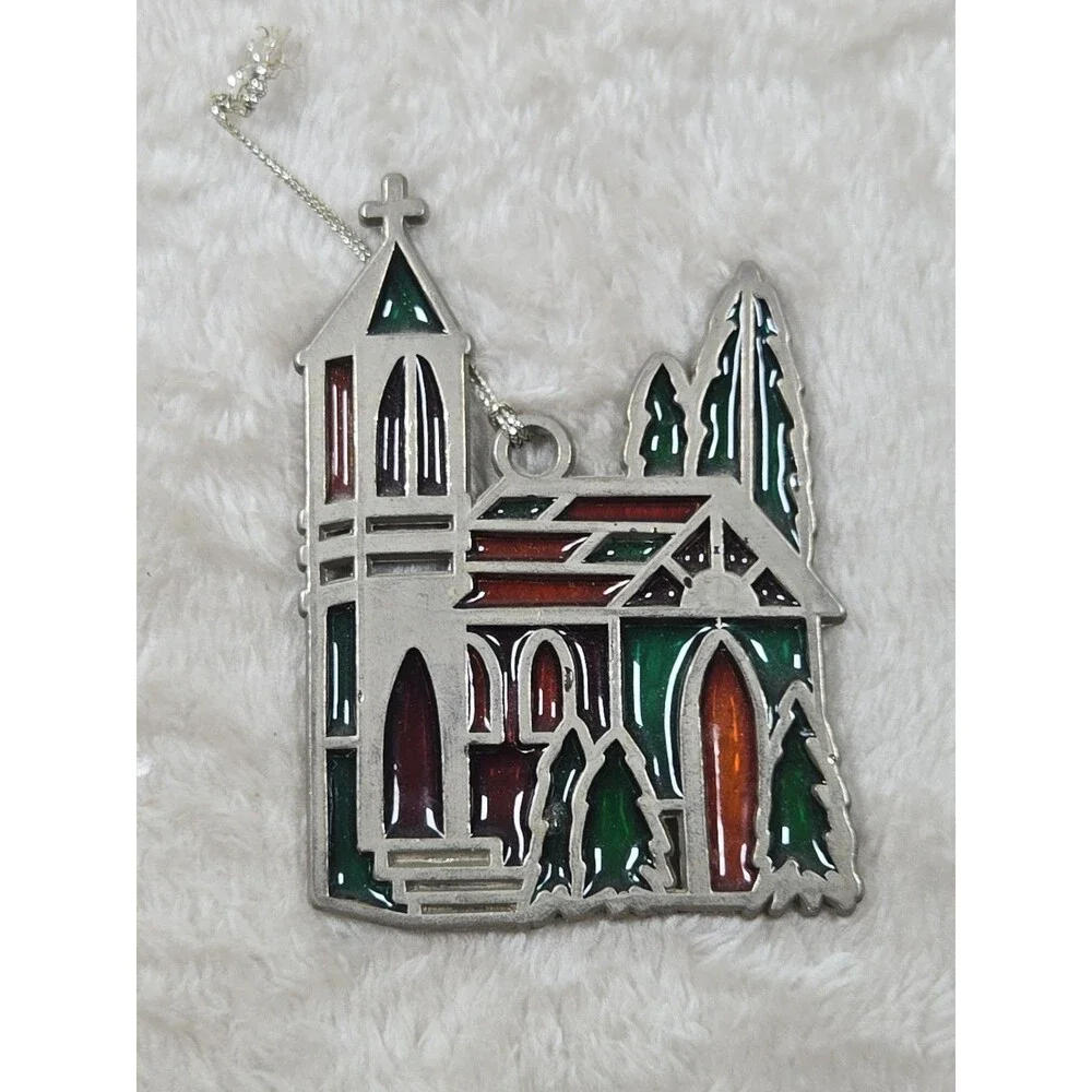 Vtg Russ Christmas Tree Ornament Metal Stained Glass Church Decor 3.25